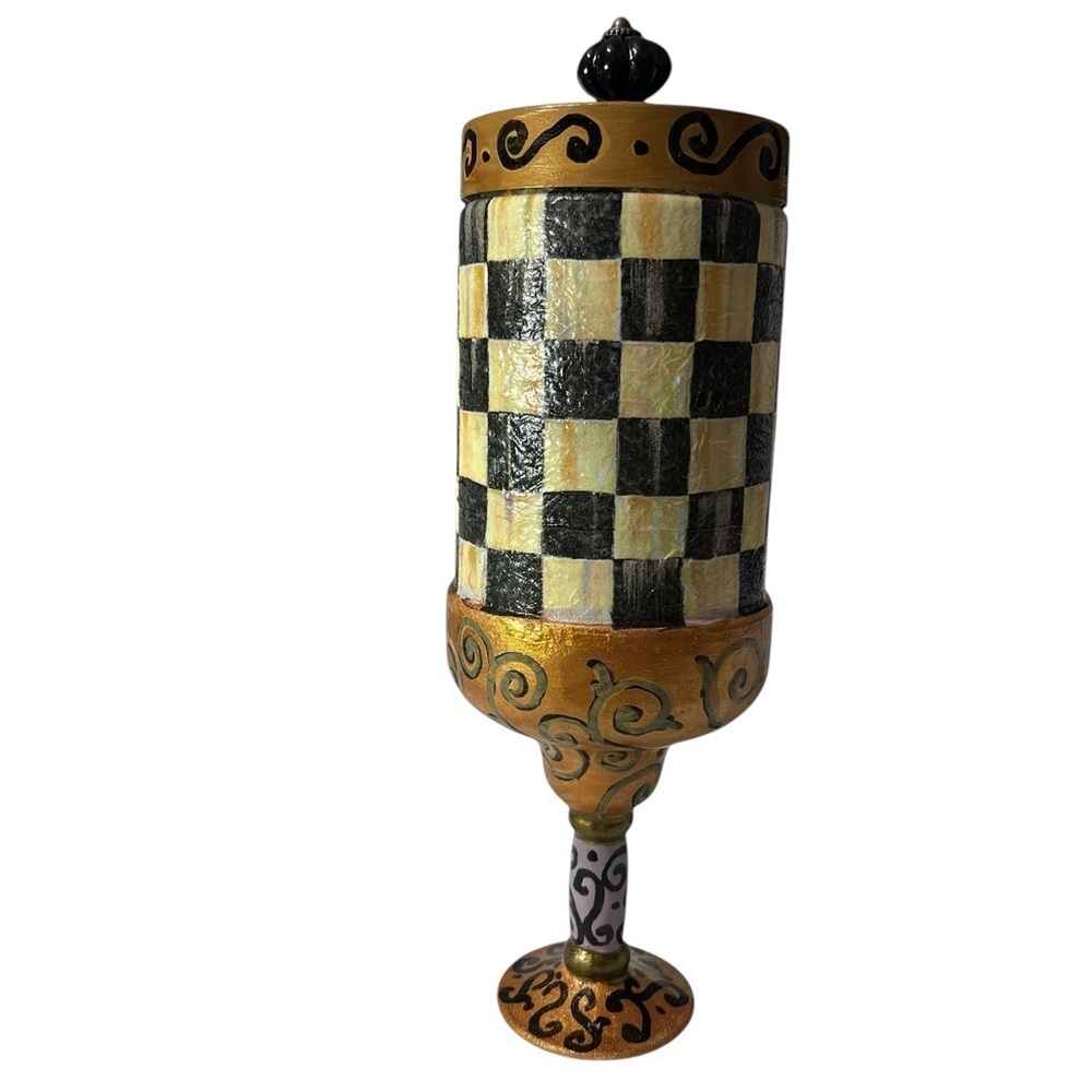 Elegant Checkered Mackenzie Child inspired Jar with Lid, Gold Accents☑️ - Picture 5 of 7